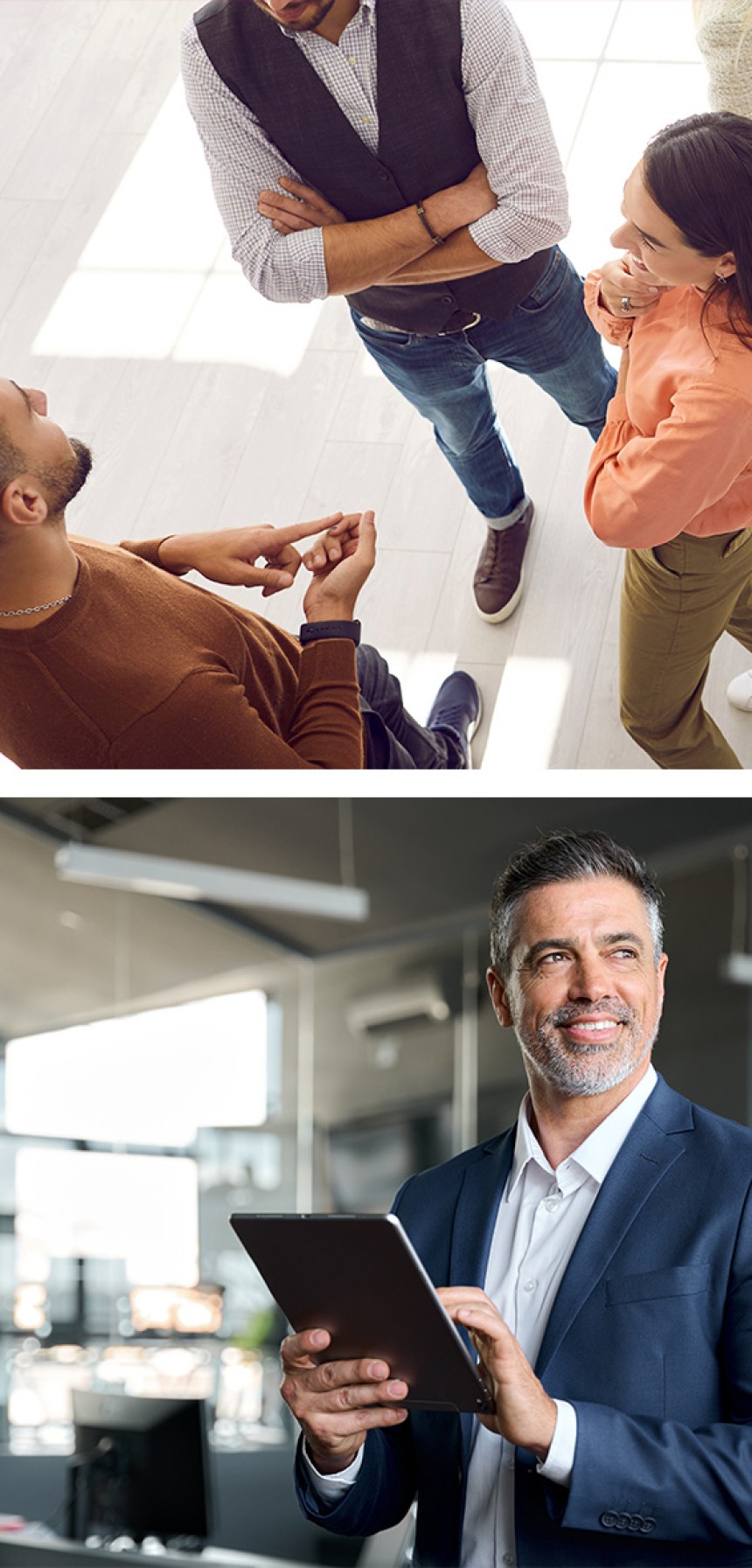 Image 1: Group of people talking, Image 2: Older male executive tapping on a tablet