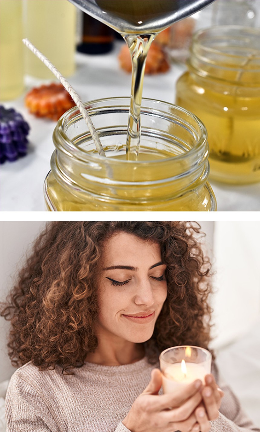 Image 1: Candle wax poured into jar. Image 2: Woman smelling a candle