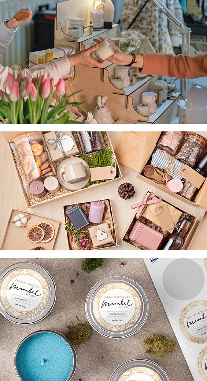 Image 1: Woman handing a candle over to a customer at a market. Image 2: Gift boxes of candles. Image 3: Avery Round labels on homemade candles