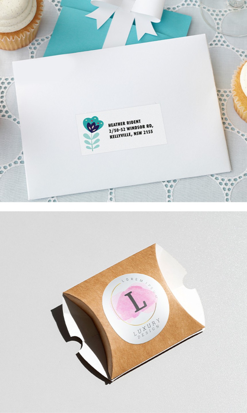 Top shot: Decorative envelope with stylised label on the front. Bottom shot: Small kraft brown pack with round label
