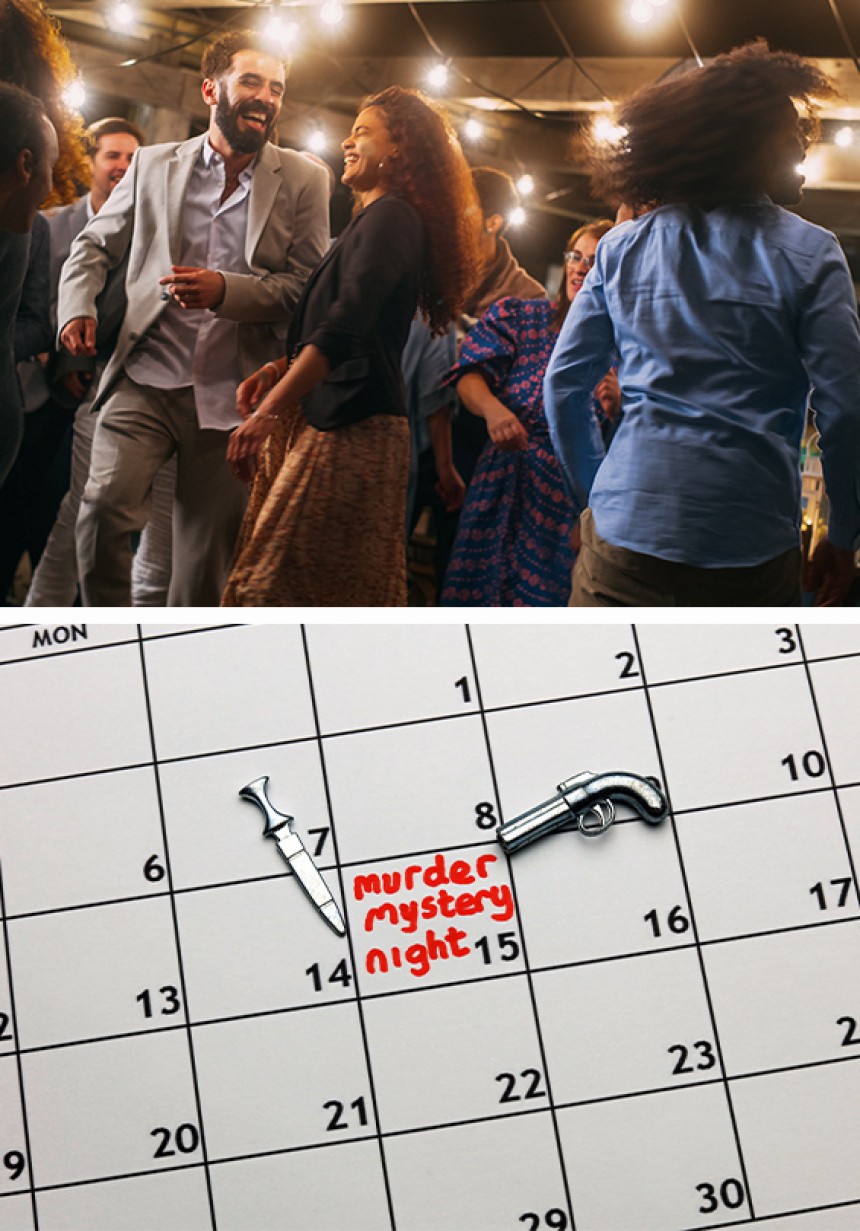 The image features a split of two images. The image on the top is of a large group of people dancing and celebrating, implying some sort of event or party. The image on the bottom is of a calendar with a day marked with "Murder Mystery Night" and two board game pieces signifying a planned game night event.
