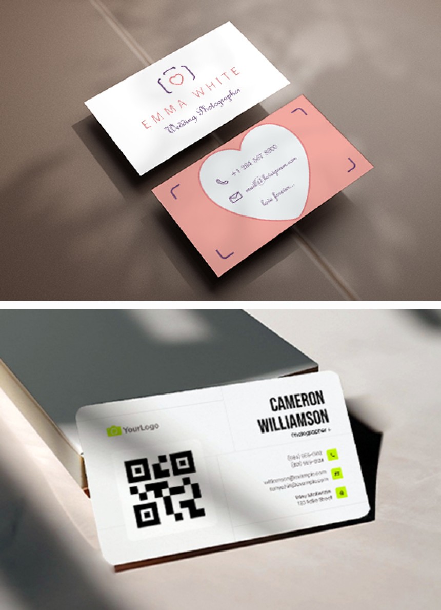 Business Cards for Photographers, one with heart as an example the other with a QR code