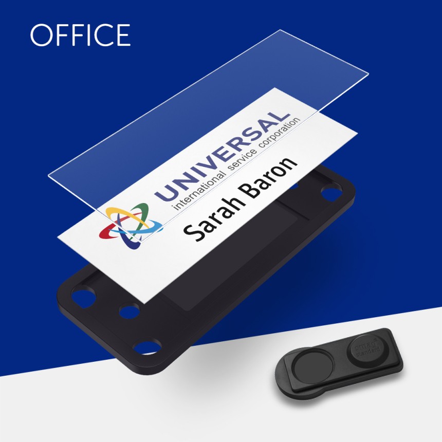 Office Magnetic Name Badges showing different components including the magnet, magnetic backing, Paper and Clear Cover.