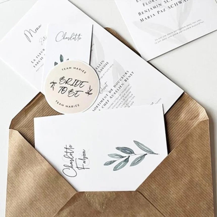 Wedding stationary including invitations, place card holder, stickers and labels