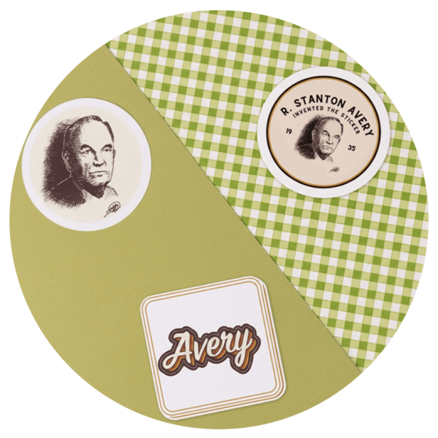 Variety of vintage stickers of Stan Avery and logo on a green background