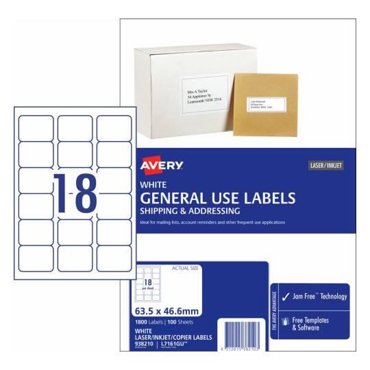 General Use Labels 938210 Content: 1800 Labels / 100 Sheets
