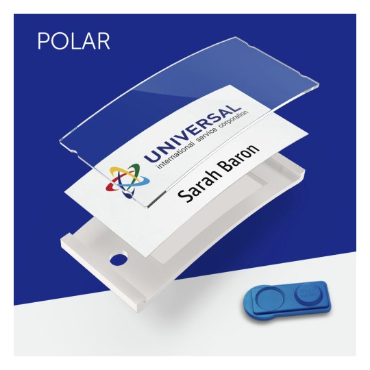 The image contains a name badge or ID card holder with the name 'Sarah Baron' and the logo of 'UNIVERSAL international service corporation.' It features a transparent cover and a blue background.