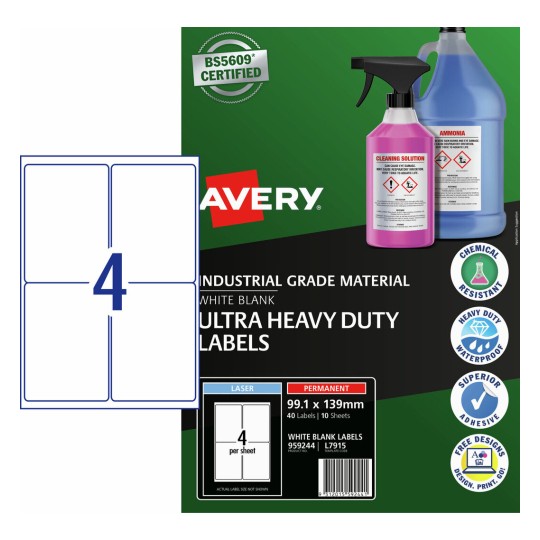 Ultra-Resistant Chemical Grade Labels 959244 Content: 40 Labels / 10 Sheets