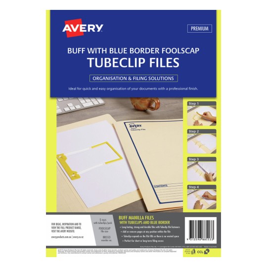 The image shows the packaging of Avery buff foolscap tubeclip files, featuring a blue border. It includes details about the product's organization and filing solutions along with instructions on how to use the tubeclips. The front displays the product name, ideal use, and images depicting its functionality.