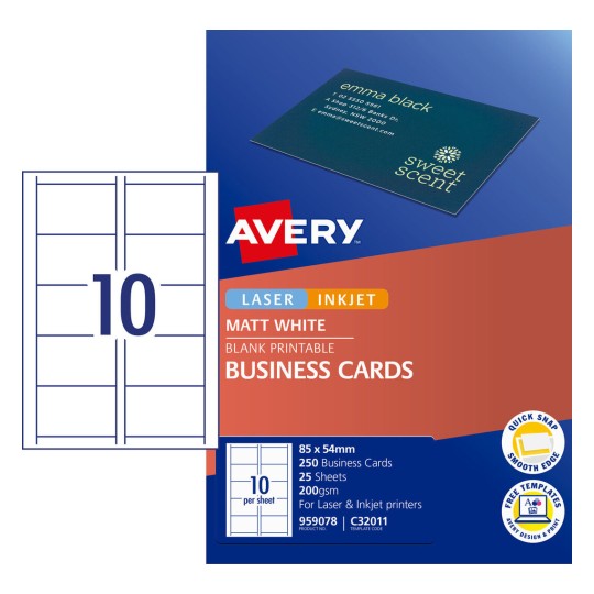 Matt Finish Business Cards 959078 Content: 250 Cards / 25 Sheets