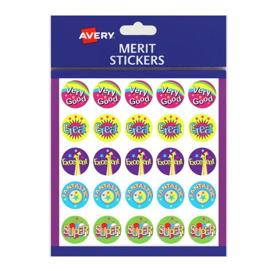 This image shows a sheet of merit stickers produced by Avery. The stickers feature various positive phrases such as 'Very Good,' 'Great,' 'Excellent,' 'Fantastic,' and 'Super,' designed for rewarding achievements, likely for educational or motivational purposes.