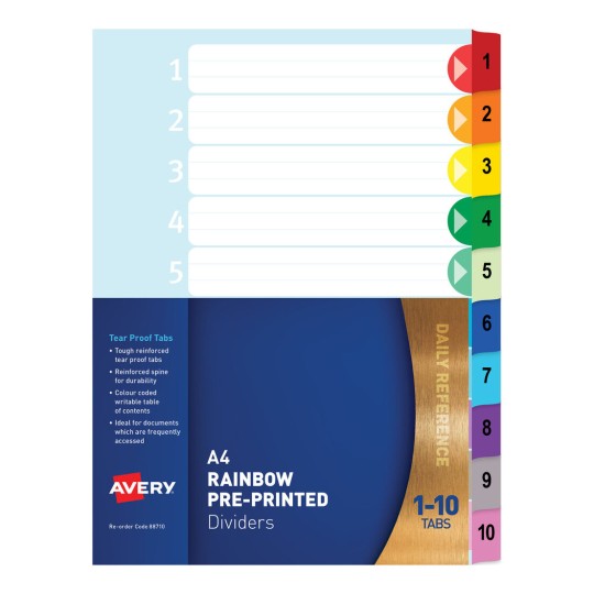 Pre-printed Dividers, Rainbow 1-10 Tabs 88710