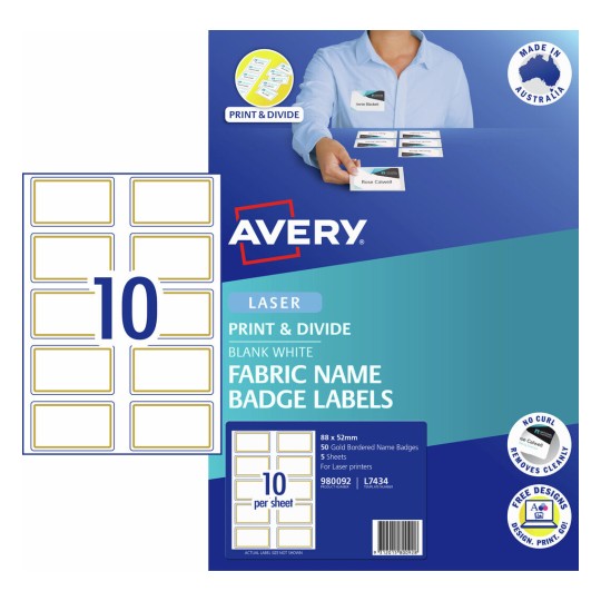 Fabric Print & Divide Name Badge Labels with Gold Border 980092 Content: 50 Label / 5 Sheet