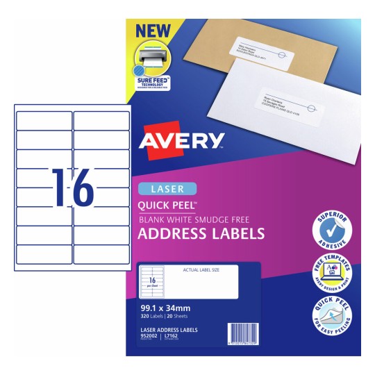 Quick Peel Address Labels with Sure Feed 952002 Content: 320 Labels / 20 Sheets