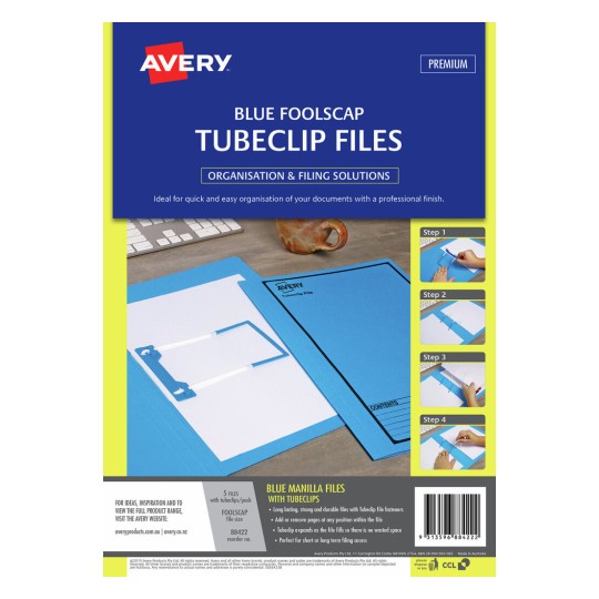 The image showcases Avery blue foolscap tube clip files, highlighting their organization and filing solutions. It includes a product description and instructions on how to use them with step-by-step visuals.