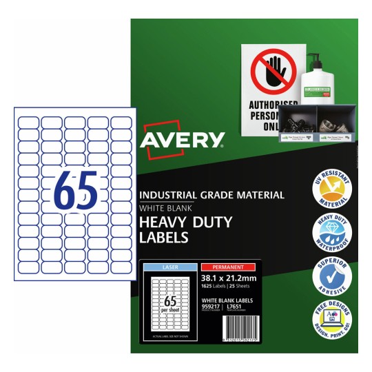 White Heavy Duty Labels 959217 Content: 1625 Labels / 25 Sheets