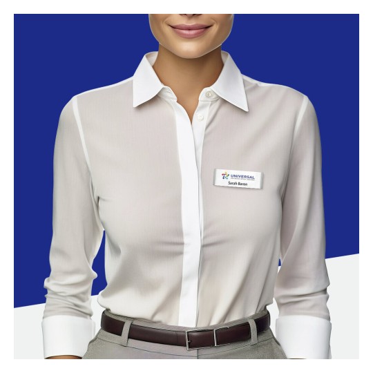 The image features a smiling woman wearing a white blouse with a name tag. The background is a solid blue, and she appears professional.