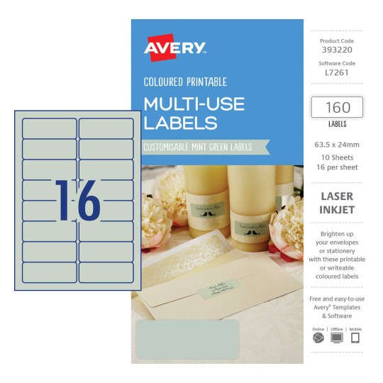 Mint Green Coloured Labels 393220 Content: 160 Labels / 10 Sheets