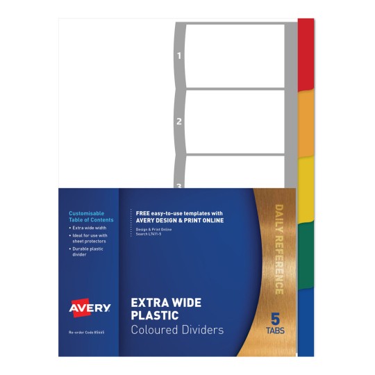 Plastic Dividers, Multi-coloured, Extra Wide, 1-5 Tabs 85665