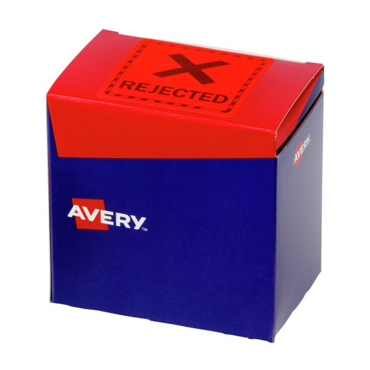The image shows a box labeled 'REJECTED' in red on top and branded with the name 'Avery' in white text on the side. The box has a blue background.