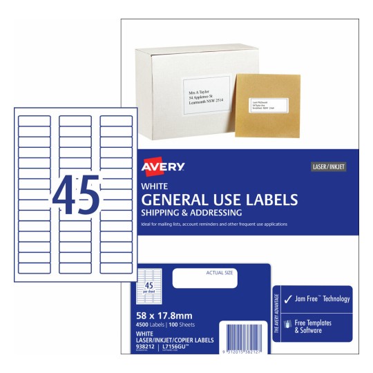 General Use Labels 938212 Content: 4500 Labels / 100 Sheets