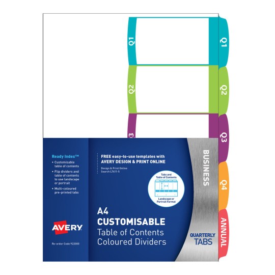 Customisable Table of Contents Dividers, Quarterly Tabs, Landscape/Portrait 922000