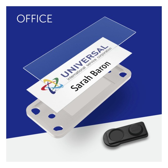 The image features a name badge with a transparent cover and a black clip, displaying the name 'Sarah Baron' and 'UNIVERSAL international service corporation'.