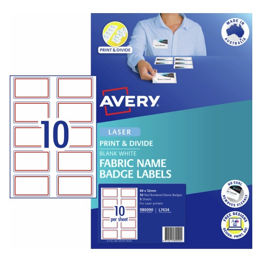 Fabric Print & Divide Name Badge Labels with Red Border 980090 Content: 50 Label / 5 Sheet