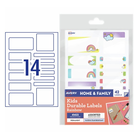 Avery Kids Durable Labels "Rainbow" 41423 Content: 42 Labels / 3 Sheets