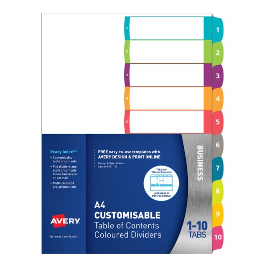Customisable Table of Contents Dividers, 1-10 Tabs, Landscape/Portrait 922004