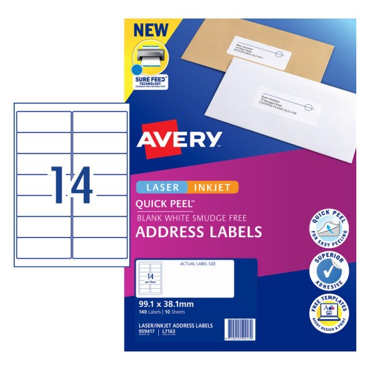 Quick Peel Address Labels with Sure Feed 959417 Content: 140 Labels / 10 Sheets