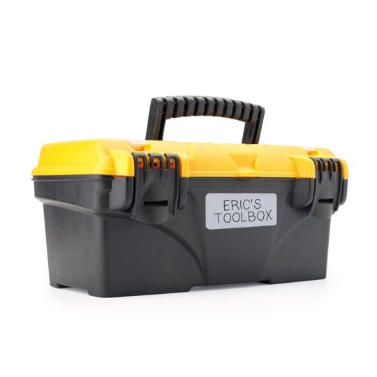 This image shows a black and yellow toolbox labeled 'ERIC'S TOOLBOX'. It features a sturdy handle and latches for secure closure. The design suggests it's intended for storing tools and equipment, suitable for home or professional use.