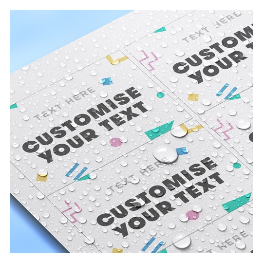 The image features a textured surface with droplets of water on it. Several rectangular cards are displayed, each featuring a customizable design with the text 'CUSTOMISE YOUR TEXT' prominently shown in bold letters. The background includes playful geometric shapes in different colors, contributing to a vibrant aesthetic.