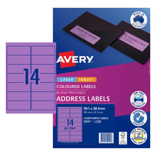 Avery Purple Coloured Labels 959421 Content: 70 Labels / 5 Sheets