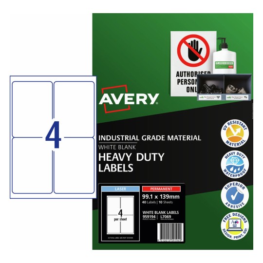 White Heavy Duty Labels 959194 Content: 40 Labels / 10 Sheets