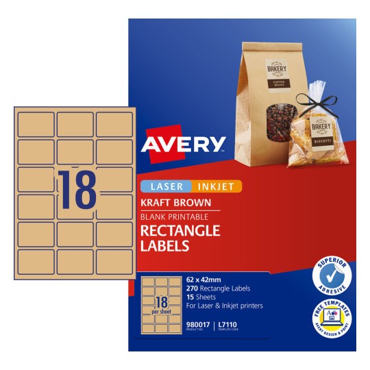 Kraft Brown Rectangle Labels 980017 Content: 270 Labels / 15 Sheets