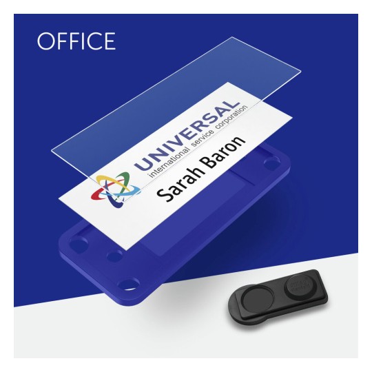 The image features a blue name badge holder displaying a name card for 'Sarah Baron' with the logo of 'UNIVERSAL international service corporation.' A black badge clip is also visible.
