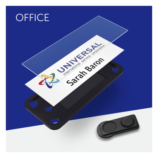 The image displays a business card for 'UNIVERSAL international service corporation' with the name 'Sarah Baron'. It is placed over a black cardholder. The background is a mix of blue and white with the word 'OFFICE' at the top.