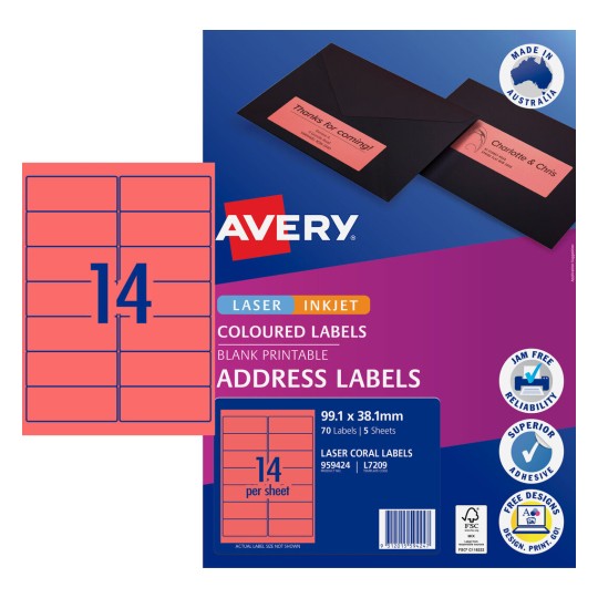 Avery Coral Coloured Labels 959424 Content: 70 Labels / 5 Sheets