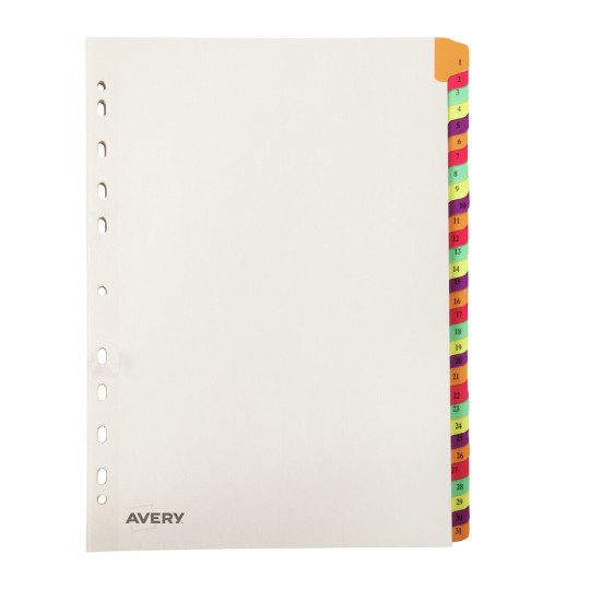 The image shows a blank Avery divider with multiple colorful tabs labeled numerically from 1 to 31 on the right side.