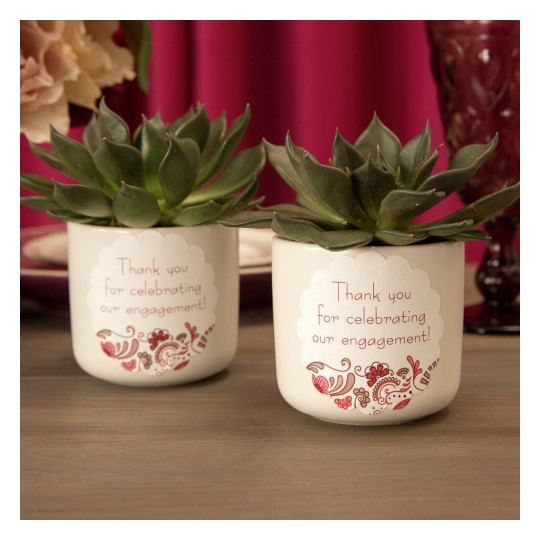 The image features two small potted succulent plants with a label that reads 'Thank you for celebrating our engagement!' The pots are white with decorative elements at the bottom and are set against a backdrop of a burgundy curtain.