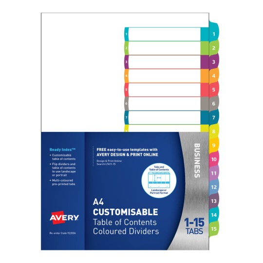 Customisable Table of Contents Dividers, 1-15 Tabs, Landscape/Portrait 922006