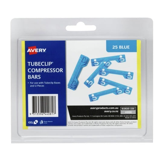 This image shows a packaging containing blue TubeClip compressor bars, which are used with TubeClip bases and U pieces. The pack includes 25 pieces.