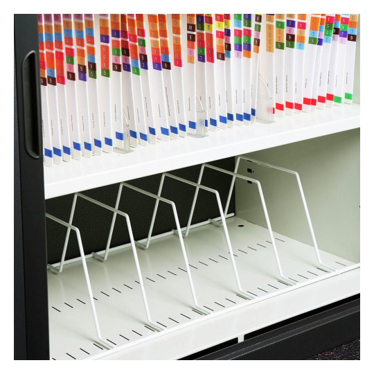 The image shows a filing cabinet with colorful folders on the top shelf and empty dividers on the bottom shelf, used for organizing documents.