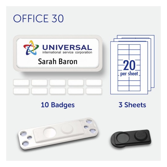 badgepoint® Office 30 Name Badge, White Frame with Extra Strong Magnetic Fastener BP99131