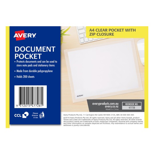Clear Zip Plastic Document Pocket | 47728 | Avery Australia