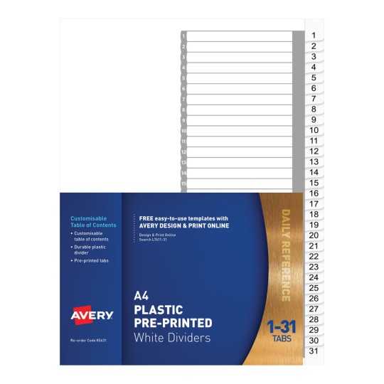 Plastic Pre-printed Dividers, White, 1-31 Tabs 85631