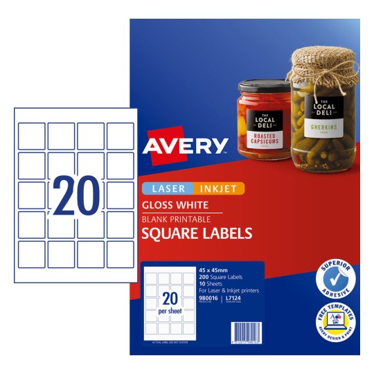 Glossy Square Labels 980016 Content: 200 Labels / 10 Sheets