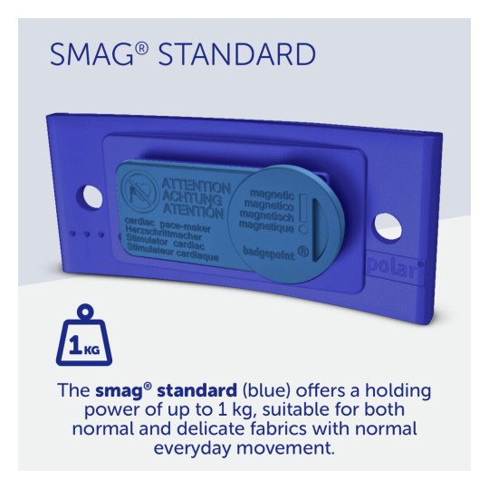 The image features a product called SMAG® Standard, highlighted in blue and purple colors. It indicates that it can hold up to 1 kg, suitable for various fabrics, with warnings related to cardiac pacemakers.