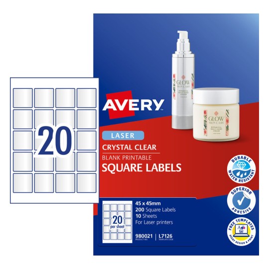 Crystal Clear Square Labels 980021 Content: 200 Labels / 10 Sheets